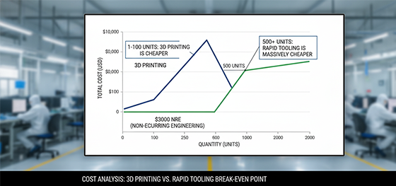 Cost analysis chart showing the exact break-even point between 3D printing per-unit costs and rapid tooling NRE Cost analysis chart showing the exact break-even point between 3D printing per-unit costs and rapid tooling NRE