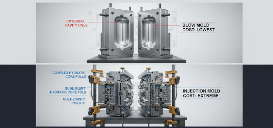 Cost analysis board comparing inexpensive aluminum blow molds against massively expensive steel injection tools Cost analysis board comparing inexpensive aluminum blow molds against massively expensive steel injection tools