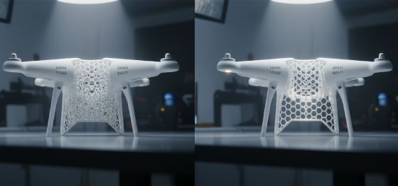 Comparison between a heavy solid drone shell and an optimized internal honeycomb structure Comparison between a heavy solid drone shell and an optimized internal honeycomb structure