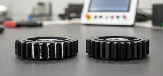 Comparison between a poorly hand-trimmed plastic gear and a flawless factory-grade component Comparison between a poorly hand-trimmed plastic gear and a flawless factory-grade component