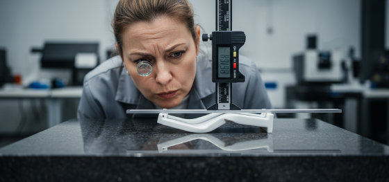 Quality inspector examining a severely warped plastic bracket resting on a flat granite surface plate Quality inspector examining a severely warped plastic bracket resting on a flat granite surface plate