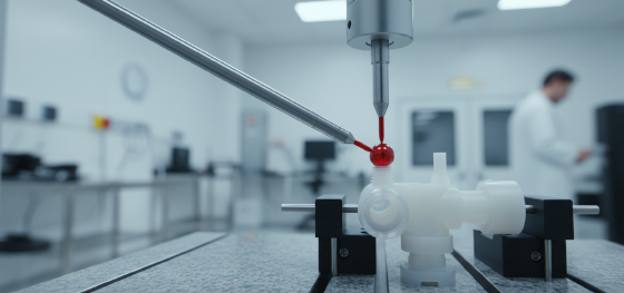 Automated CMM with a ruby probe verifying micron level tolerances on a polymer fluid manifold Automated CMM with a ruby probe verifying micron level tolerances on a polymer fluid manifold