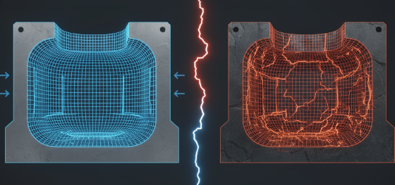 Cross-section comparing the metal density of rapidly machined aluminum cavities versus heat-treated tool steel Cross-section comparing the metal density of rapidly machined aluminum cavities versus heat-treated tool steel