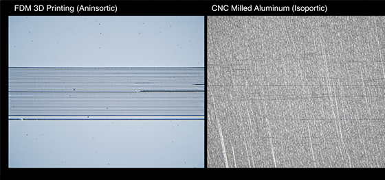 Microscopic comparison of anisotropic FDM 3D printing layers versus isotropic solid CNC machined aluminum Microscopic comparison of anisotropic FDM 3D printing layers versus isotropic solid CNC machined aluminum