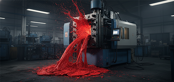 Catastrophic plastic flash erupting from a massive mold mounted on an under-tonnage injection press Catastrophic plastic flash erupting from a massive mold mounted on an under-tonnage injection press