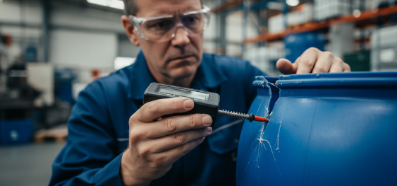 Senior QC engineer measuring a dangerously thin ruptured corner on a blown industrial plastic drum Senior QC engineer measuring a dangerously thin ruptured corner on a blown industrial plastic drum