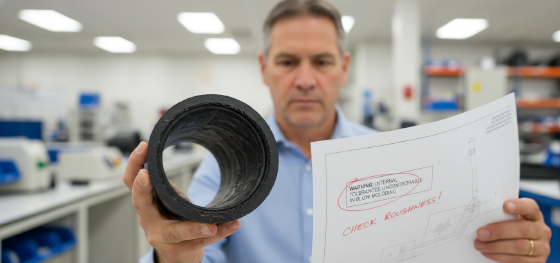 QC engineer inspecting the rough internal surface of a sliced blow molded pipe against an engineering blueprint QC engineer inspecting the rough internal surface of a sliced blow molded pipe against an engineering blueprint