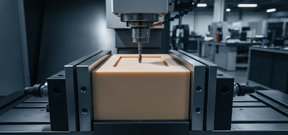 Heavy 5-axis CNC machine using custom soft aluminum vise jaws to securely clamp a polymer block without crushing it Heavy 5-axis CNC machine using custom soft aluminum vise jaws to securely clamp a polymer block without crushing it