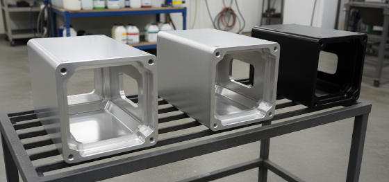 Three machined metal enclosures demonstrating raw bead blasted and black hard anodized industrial finishes Three machined metal enclosures demonstrating raw bead blasted and black hard anodized industrial finishes