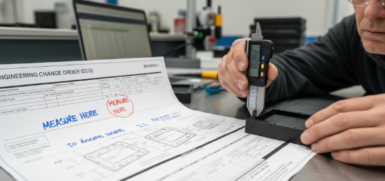 Senior QC engineer measuring a textured injection-molded part and reviewing an engineering change order blueprint Senior QC engineer measuring a textured injection-molded part and reviewing an engineering change order blueprint