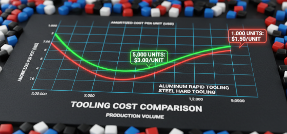 Manufacturing cost curve graph comparing NRE amortization of rapid tooling versus hard steel molds Manufacturing cost curve graph comparing NRE amortization of rapid tooling versus hard steel molds