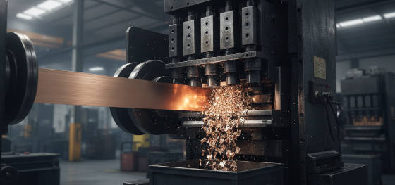 Massive progressive stamping press violently punching raw copper coils into complex electronic battery contacts Massive progressive stamping press violently punching raw copper coils into complex electronic battery contacts