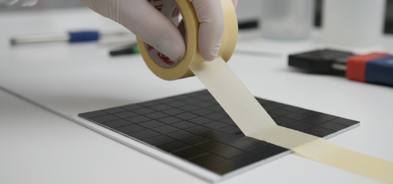 QC engineer performing a cross-hatch adhesion test with 3M tape on a painted plastic prototype QC engineer performing a cross-hatch adhesion test with 3M tape on a painted plastic prototype