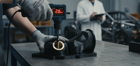 Engineer using a digital torque wrench to test the pull-out strength of a brass insert inside a 3D printed manifold Engineer using a digital torque wrench to test the pull-out strength of a brass insert inside a 3D printed manifold