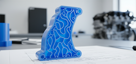 Cross-section of a 3D printed automotive coolant distributor revealing complex internal conformal cooling channels Cross-section of a 3D printed automotive coolant distributor revealing complex internal conformal cooling channels