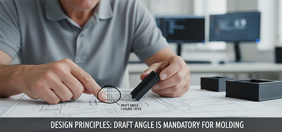 Senior engineer reviewing a blueprint emphasizing the mandatory draft angles required for rapid injection molding Senior engineer reviewing a blueprint emphasizing the mandatory draft angles required for rapid injection molding