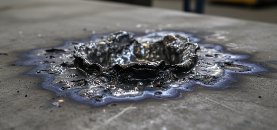 Thick metal plate exhibiting a severe blowout crater caused by incorrect oxygen piercing parameters Thick metal plate exhibiting a severe blowout crater caused by incorrect oxygen piercing parameters