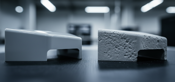 Macro comparison between a flawless glossy machined plastic surface and a cloudy pitted surface ruined by bead blasting Macro comparison between a flawless glossy machined plastic surface and a cloudy pitted surface ruined by bead blasting