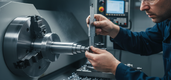 CNC operator using an outside micrometer to verify the outer diameter tolerance of a steel drive shaft CNC operator using an outside micrometer to verify the outer diameter tolerance of a steel drive shaft