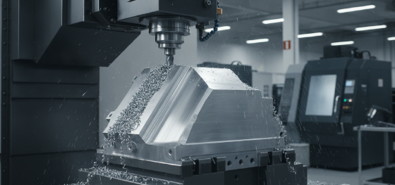 CNC milling center violently shearing rough draft angles from a raw cast aluminum component CNC milling center violently shearing rough draft angles from a raw cast aluminum component