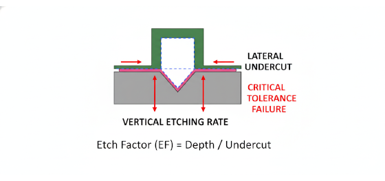 Cross-sectional diagram explaining how acid laterally hollows out metal beneath a photoresist mask to create undercuts Cross-sectional diagram explaining how acid laterally hollows out metal beneath a photoresist mask to create undercuts