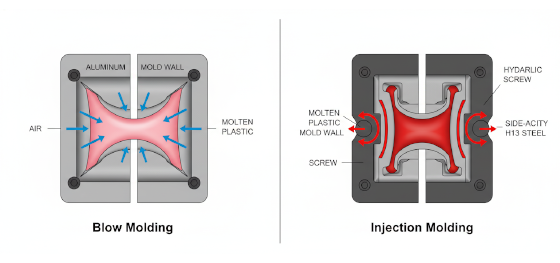 Diagram comparing pneumatic outward expansion in blow molding against high-pressure inward filling in injection molding Diagram comparing pneumatic outward expansion in blow molding against high-pressure inward filling in injection molding