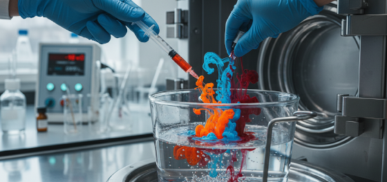 Technician injecting vibrant color pigments directly into liquid casting resin formulations Technician injecting vibrant color pigments directly into liquid casting resin formulations