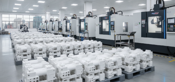 Rows of advanced CNC milling centers producing medical grade white polymer fluid manifolds Rows of advanced CNC milling centers producing medical grade white polymer fluid manifolds
