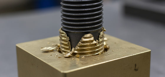 Heavy steel bolt seized inside a cheap brass threaded hole demonstrating severe galling and sheared threads Heavy steel bolt seized inside a cheap brass threaded hole demonstrating severe galling and sheared threads