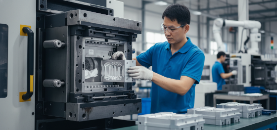 Technician swapping custom aluminum cavity inserts into a Master Unit Die base at Jucheng's Shenzhen facility Technician swapping custom aluminum cavity inserts into a Master Unit Die base at Jucheng's Shenzhen facility