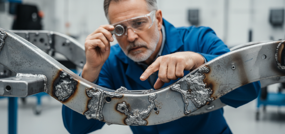 Quality inspector examining a metal chassis ruined by uneven metallic blisters and burnt edges Quality inspector examining a metal chassis ruined by uneven metallic blisters and burnt edges