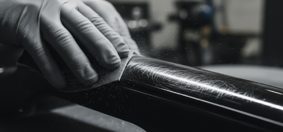 Technician sanding a CNC plastic part with 400-grit abrasive to create mechanical interlocking anchor points for paint Technician sanding a CNC plastic part with 400-grit abrasive to create mechanical interlocking anchor points for paint
