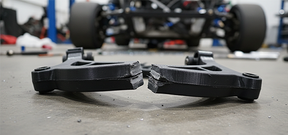 Catastrophic delamination failure of an FDM 3D printed plastic suspension arm splitting along the Z-axis layer lines Catastrophic delamination failure of an FDM 3D printed plastic suspension arm splitting along the Z-axis layer lines