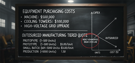 Financial board comparing massive capital expenditures of machine purchasing against lean outsourced manufacturing quotes Financial board comparing massive capital expenditures of machine purchasing against lean outsourced manufacturing quotes