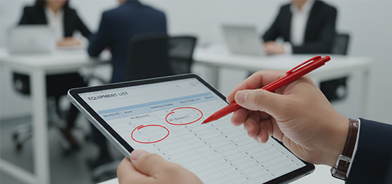 Procurement manager auditing a vendor equipment list and highlighting machine age and electric specificationsProcurement manager auditing a vendor equipment list and highlighting machine age and electric specifications Procurement manager auditing a vendor equipment list and highlighting machine age and electric specifications