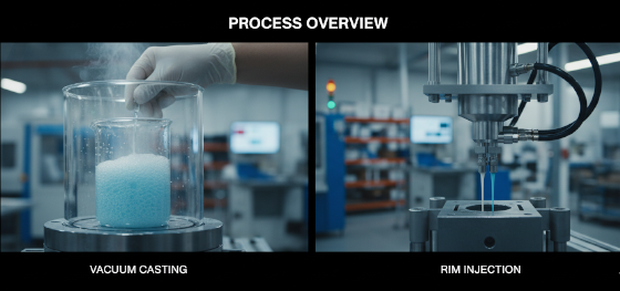 hand poured vacuum casting versus automated machine injection RIM hand poured vacuum casting versus automated machine injection RIM