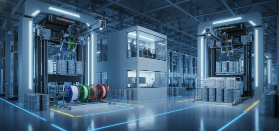 Robotic lifters loading massive spools of filament inside a pristine high-volume manufacturing center Robotic lifters loading massive spools of filament inside a pristine high-volume manufacturing center