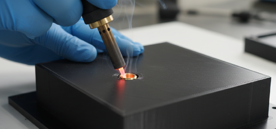Gloved hand using a heated soldering iron to press a brass threaded insert into a printed nylon enclosure Gloved hand using a heated soldering iron to press a brass threaded insert into a printed nylon enclosure
