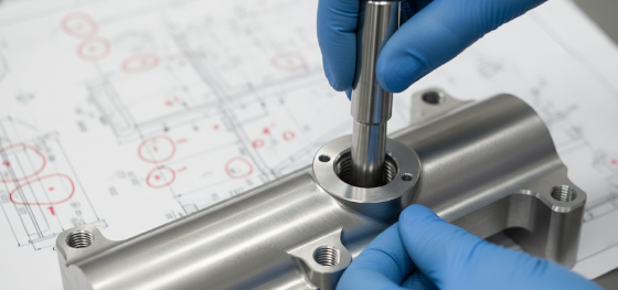 Senior QC engineer verifying CNC hole tolerances using a hardened steel Go No-Go plug gauge on an aluminum manifold Senior QC engineer verifying CNC hole tolerances using a hardened steel Go No-Go plug gauge on an aluminum manifold