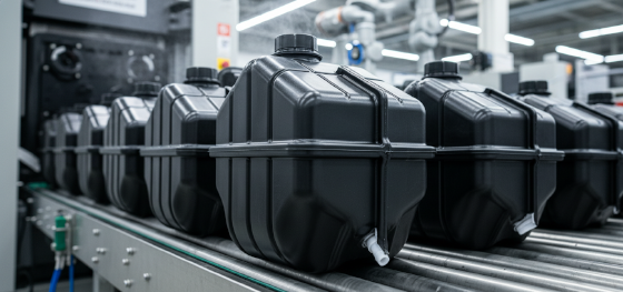 Complex black automotive fluid reservoirs freshly ejected from an extrusion blow molding press Complex black automotive fluid reservoirs freshly ejected from an extrusion blow molding press