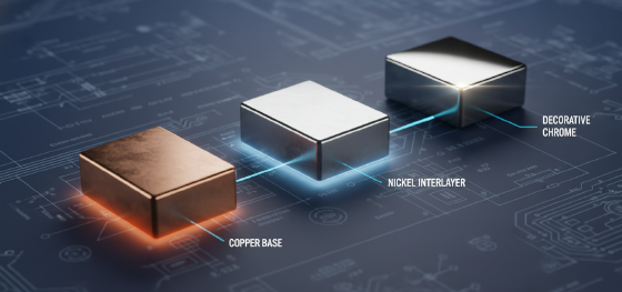 copper nickel and decorative chrome layers forming a chemical adhesion bridge copper nickel and decorative chrome layers forming a chemical adhesion bridge