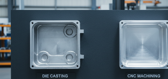 Side-by-side comparison of a net-shape die-cast aluminum enclosure versus a fully CNC machined enclosure