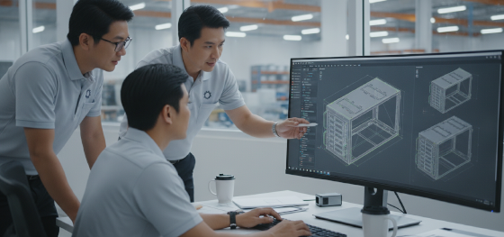 factory engineers reviewing cad blueprints