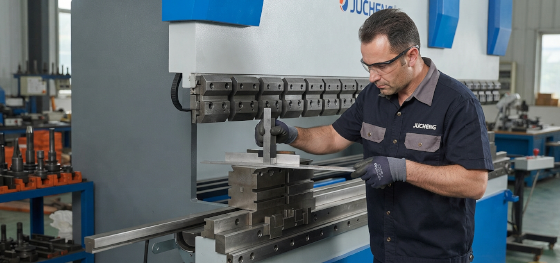 operator aligning press brake dies