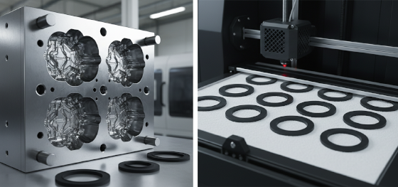 Comparison between expensive solid steel injection mold and automated SLS powder bed forming flexible rubber gaskets