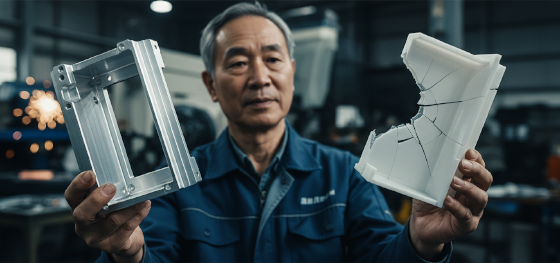 Senior machinist comparing a solid CNC milled aluminum chassis against a cracked conceptual plastic rendering