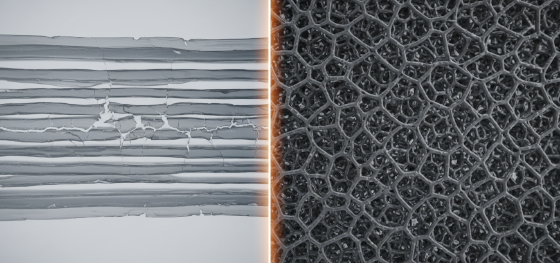 Microscopic comparison of brittle stacked extruded polymer layers versus a dense monolithic cast resin structure