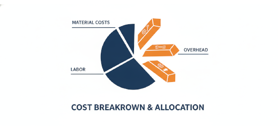financial cost breakdown and industrial manufacturing allocation icon