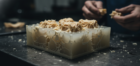 Catastrophic silicone mold failure showing severe thermal degradation and massive flash on cast parts