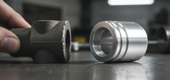 comparing raw metal parts against fully machined finished hardware